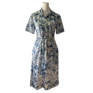 Vintage ‘60s Knits U.S.A. by Kitty Blue & White Floral Belted Button Front Dress